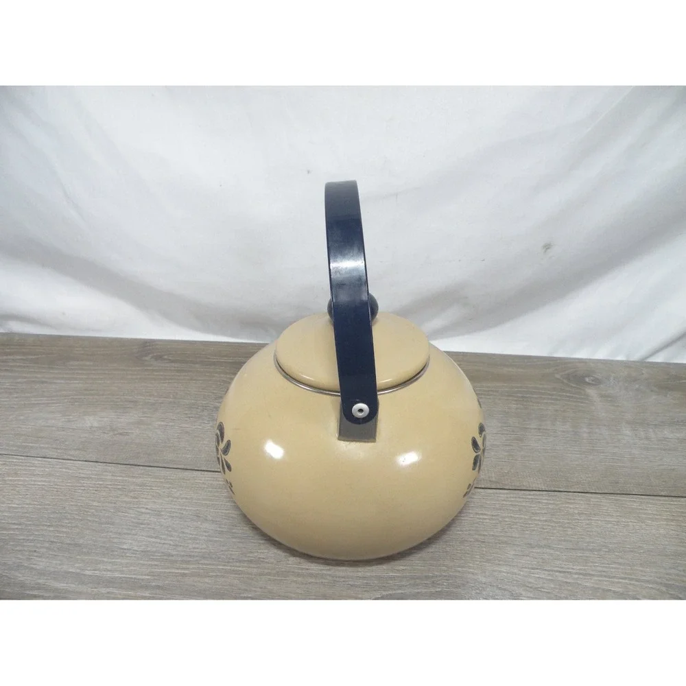 Enamel Tea Kettle Tan Beige Black Floral Stovetop Teapot style